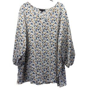 Mario Serrani Italy Top Size XL Blue Floral 3/4 Sleeves Pullover Tunic Slits
